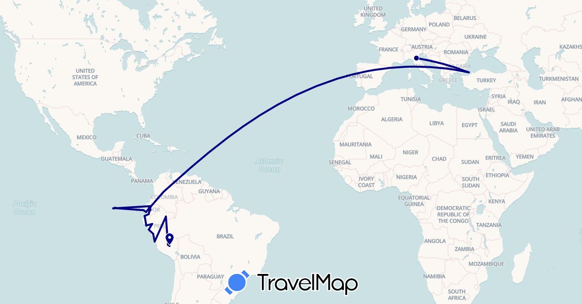 TravelMap itinerary: driving in Colombia, Ecuador, Peru, Turkey (Asia, South America)